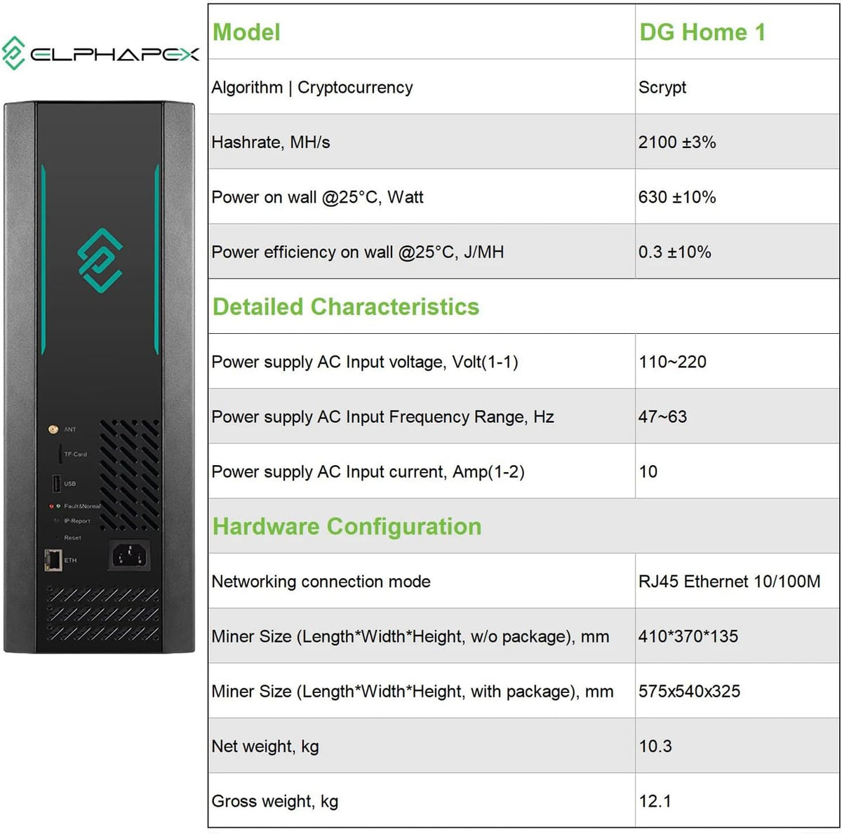 Ny Elphapex DG Hem 1 Doge Gruvarbetare 2100 MH/S 630 W Litecoin Dogecoin Miner 2.1G LTC+Doge+Klockor Gruvarbetare DGHOME1 Scrypt Algoritm LTC Miner Låg ljudnivå