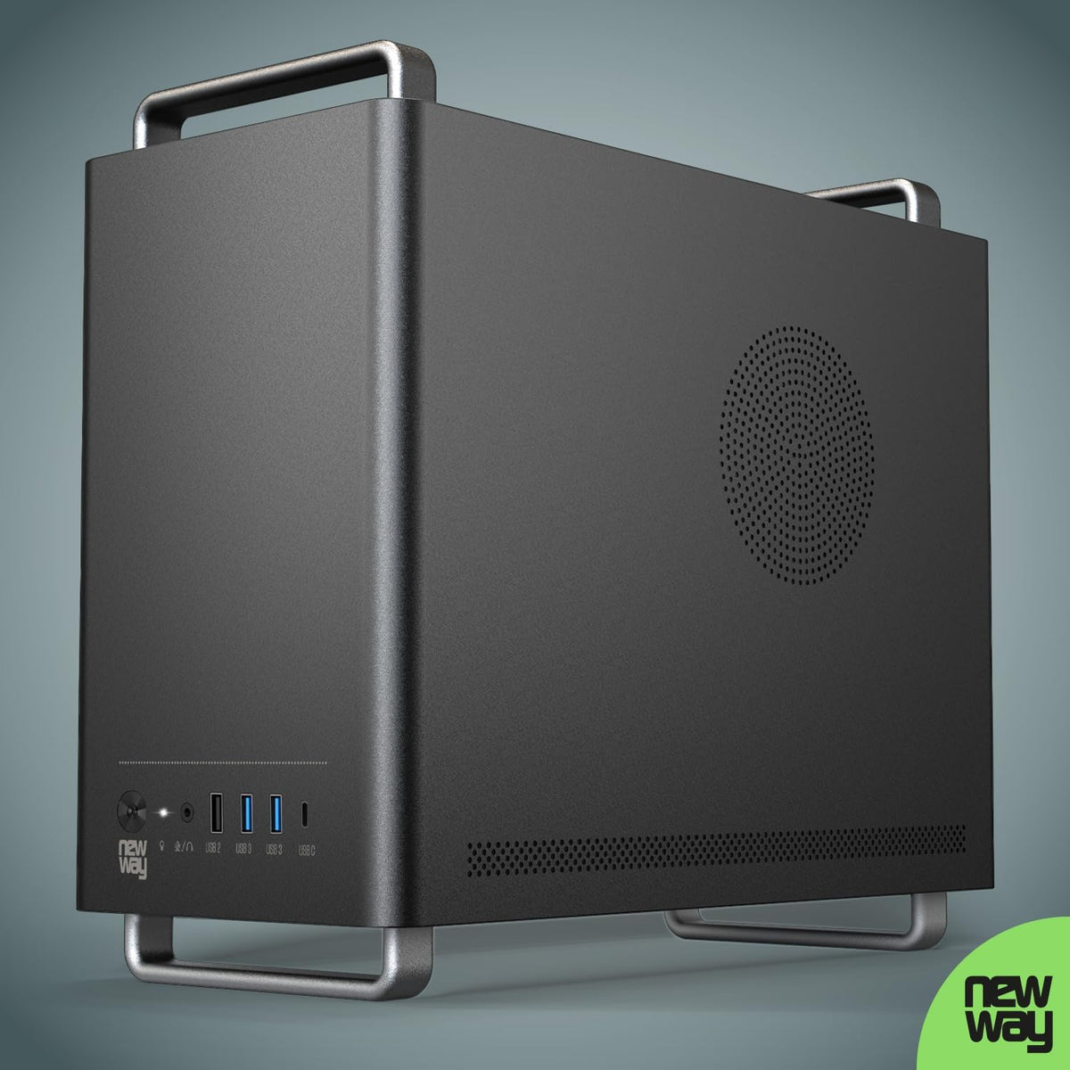 NEWWAY 2025 NC1 bärbart mini-torn, datorchassi, kompatibelt med Mini-ITX, ITX, Micro-ATX, typ-C, USB, inklusive 1 x fläkt, 9 mm, 3 Molex-stift, väggnät i metall (svart)