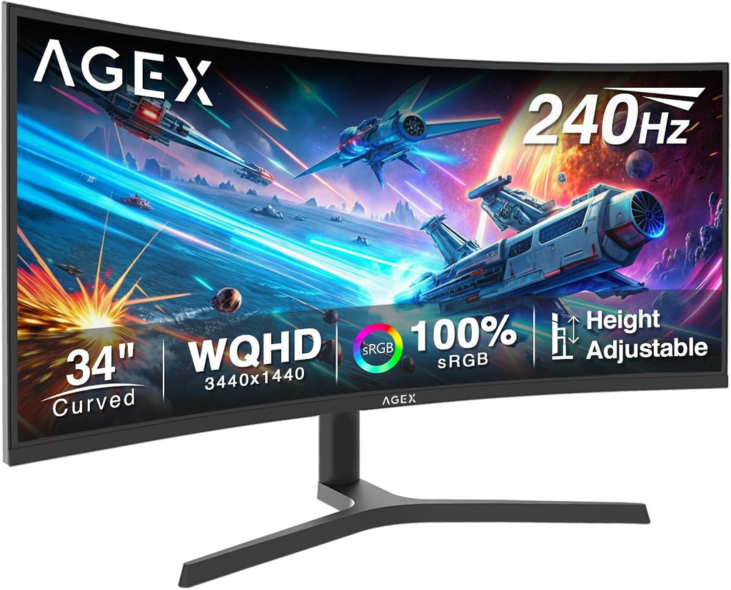 Z-Edge AGEX Böjlig Spel Datorskärm 34 Tum 240Hz, 3440x1440, Höjjusterbar 115mm, UWQHD Ultrawide 21:9, 1500R VA, 1ms, FreeSync, 4000:1, PIP PBP, 2×DP1.4, 2×HDMI2.1, VESA (DP-kabel ingår)