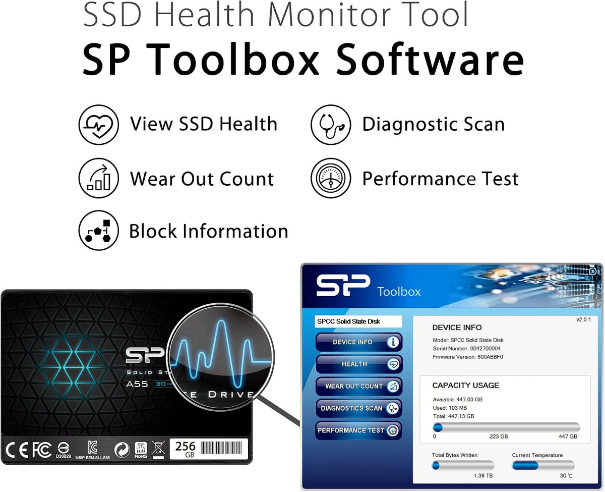 Silicon Power 256GB SSD 3D NAND A5X SLC Cache Performance Boost SATA III 2.5" Internal Solid State Drive SP256GBSS3A55S25AY