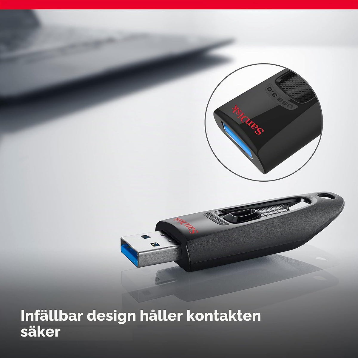 SanDisk Ultra 256GB USB 3.0 Flashminne, Läshastigheter upp till 130 MB/s, Svart