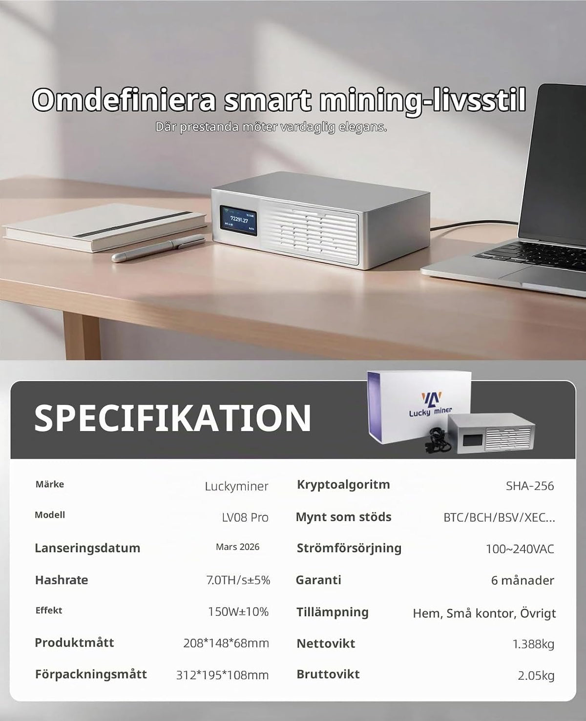 Lucky Miner LV08 Pro 7TH/s 150W | ASIC Bitcoin-brytare för Hem & Kontor | SHA-256 Algoritm | Solo- & P2P-brytning | Stödjer 42+ Mynt (BTC, BCH, BSV) | Tyst Drift