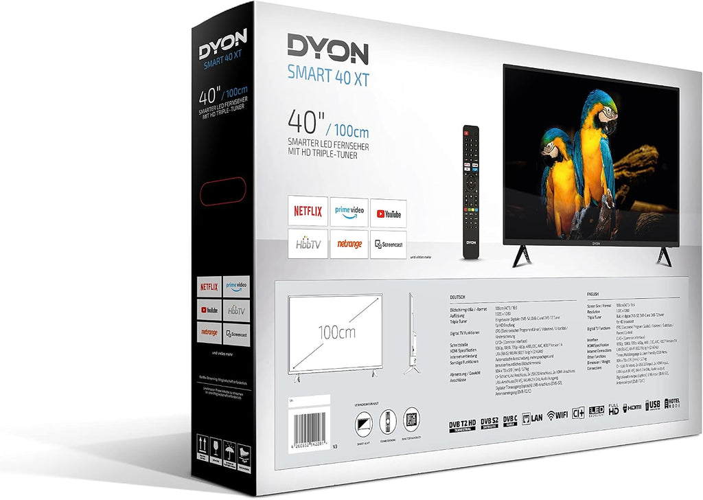 DYON Smart 40 VX-2 Full HD-TV, trippel HD-mottagare (DVB-C/-S2/-T2), App Store, Prime Video, Netflix, YouTube, DAZN, Disney+, svart