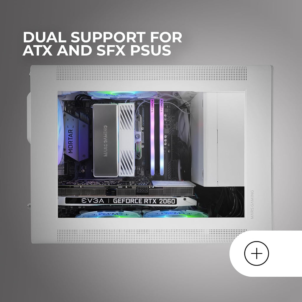 MARS GAMING MC-XPS, Ultrakompakt Gamingchassi MicroATX, Härdat Glas + Meshpaneler, FRGB 120mm Fläkt, Mesh Kylningsteknik, Dubbelt Stöd för PSU ATX och SFX, Mini-Tower PC USB-C, Vit