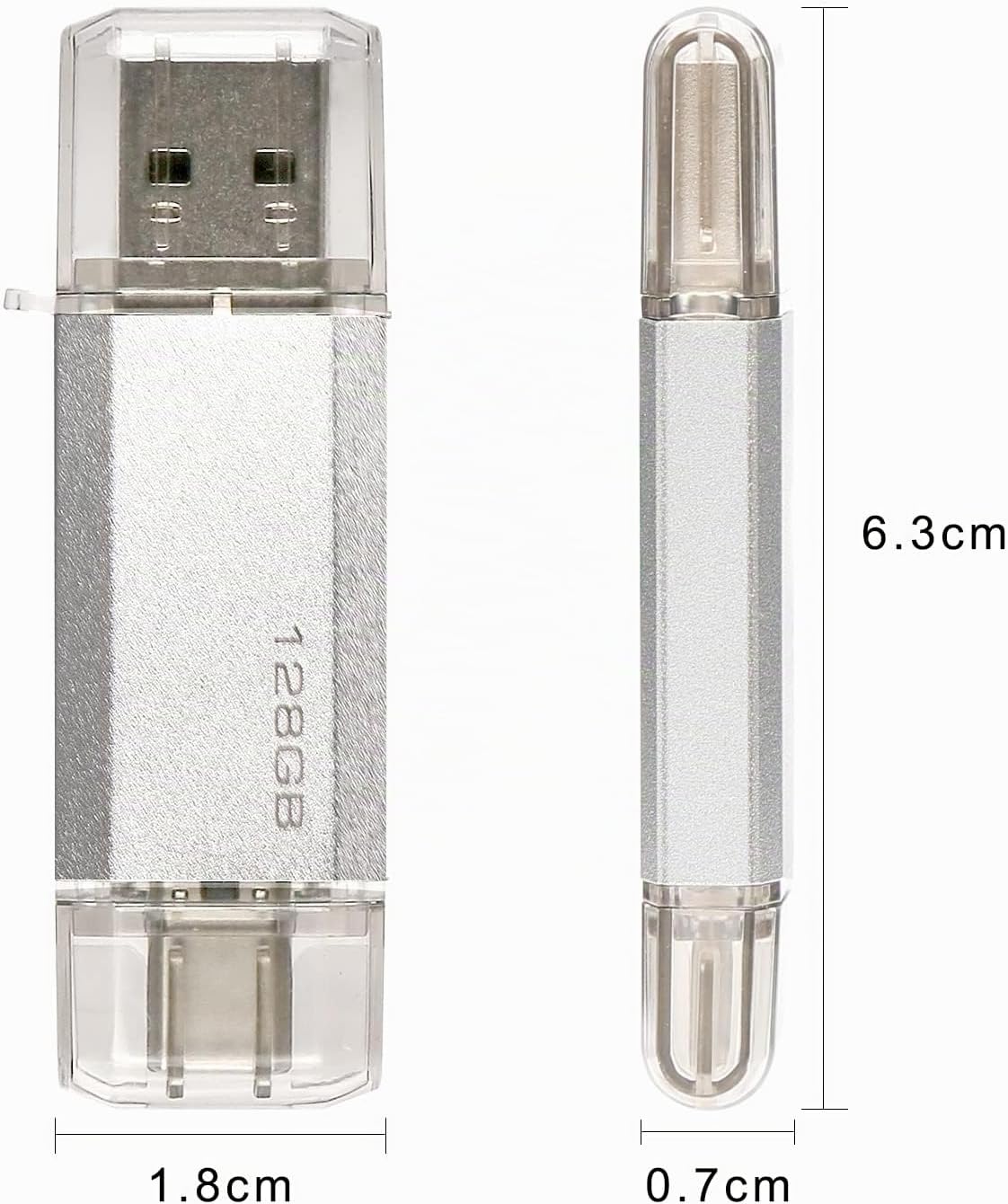 128 GB 2-i-1 USB-minne 128 GB typ-C Pendrive 128GO USB C Flash Drive 128 Giga 2-i-1 OTG Pen 128GO för PC/surfplatta/Laptop/Smartphone med typ C, Xiaomi/Huawei (silver)