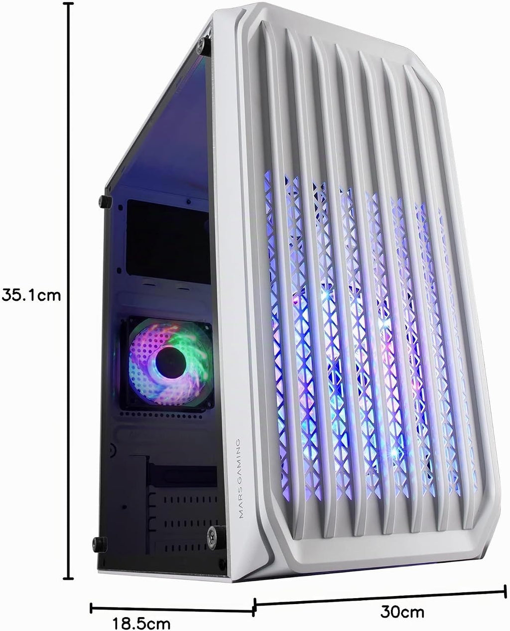 Mars Gaming MC-S2, ultrakompakt Micro-ATX PC-fodral, främre galler, 2x FRGB-fläktar, spelfodral för helsidofönster, stöder vätskekylning upp till 240 mm, vit