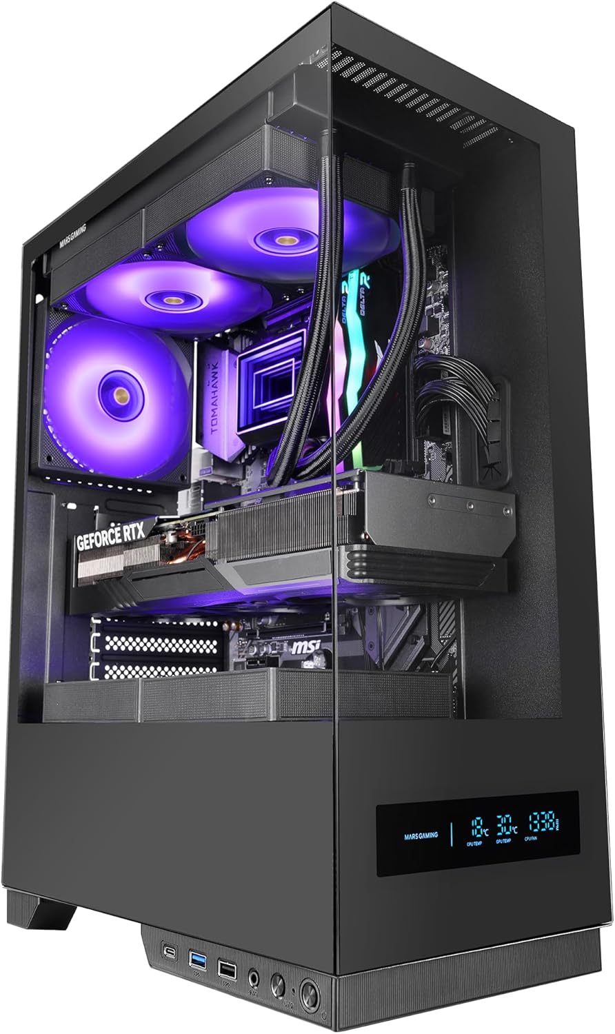 Mars Gaming MC-PULSAR, ATX Gaming-chassi, Frontal LCD-Skärm i Realtid, Dubbla Härdat Glas Fram Och Sida, Kabelhanteringssystem CABLEHATCH, Vätskekylning upp till 240mm, Svart