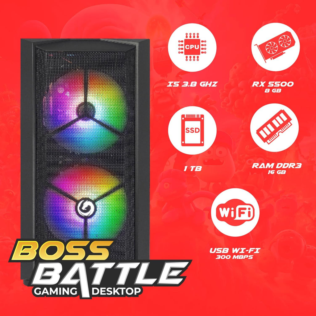 Nuwo Förmonterad Fast Gaming PC | Intel Core i5 upp till 3,8 GHz | RX 5500 8GB GDDR5 | 16 GB RAM, 1TB SSD | Windows 11 Pro förinstallerat, USB-WiFi ingår, färdig att använda | Boss Battle