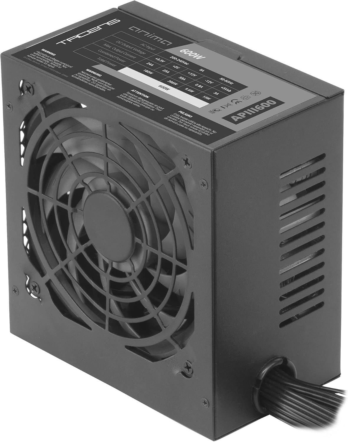 Tacens Anima APIII600, ATX-nätaggregat för PC 600W, SMD-teknik, 85% 12V-effektivitet, 12 cm ultratyst fläkt, Japanska TK-kondensatorer 105 °C, Kolfiberkablar, Svart