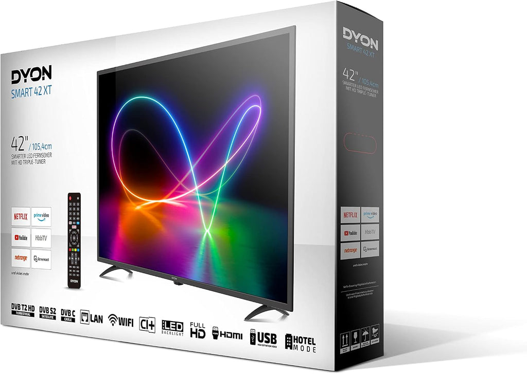 DYON Smart 40 VX-2 Full HD-TV, trippel HD-mottagare (DVB-C/-S2/-T2), App Store, Prime Video, Netflix, YouTube, DAZN, Disney+, svart