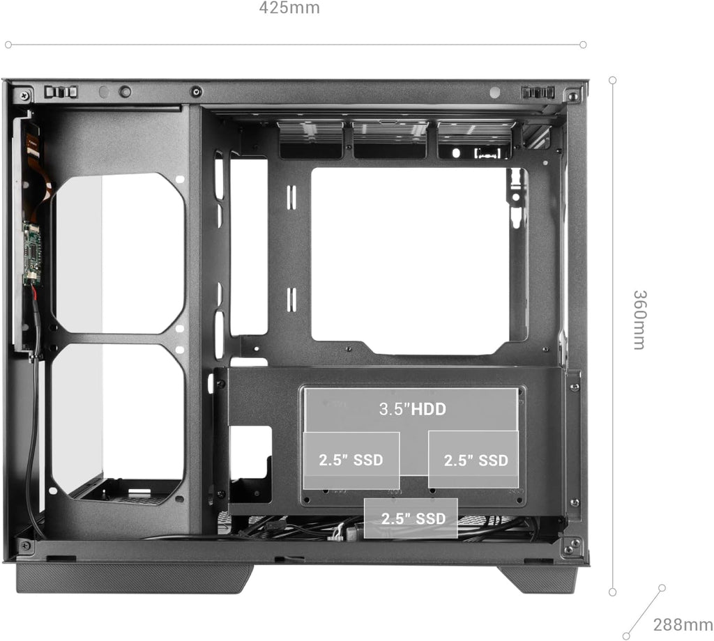 Mars Gaming MC-MIRAGE, Gaming Chassi ATX, 7,2” Anpassningsbar LCD IPS Skärm, Kontinuerat Härdat Glas Front + Sida, Dubbelkammare Struktur, Stöd för Vätskekylning upp till 360mm, Svart