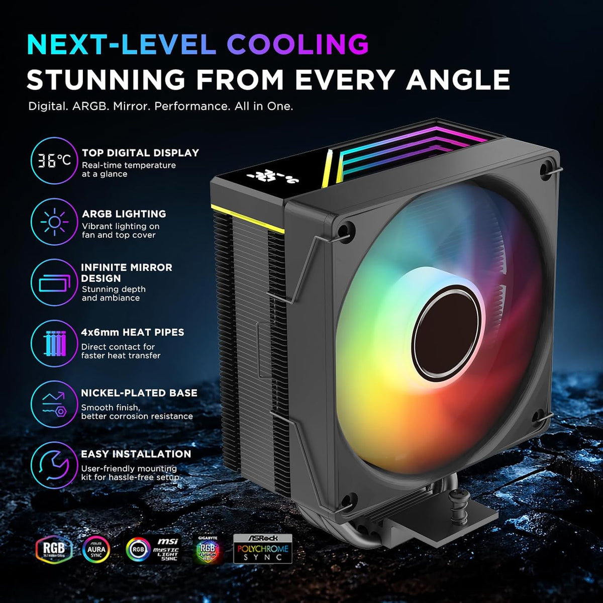 TZMRIT KF620 DGT ARGB CPU-kylare med temperaturvisning 265 W TDP för Intel LGA 1700/1200/115X/1851/1366/2011, för AMD AM4/AM5 (KF620BK)