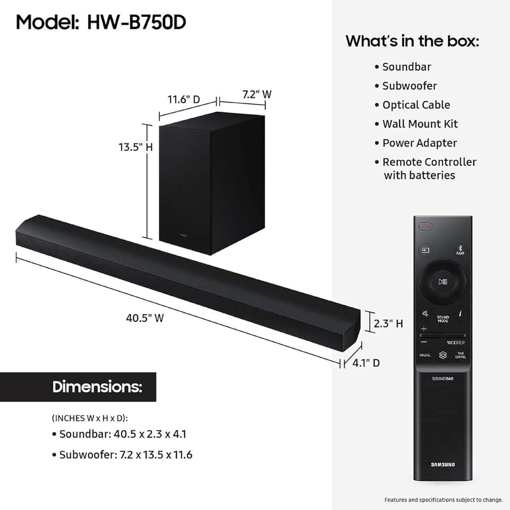 Samsung B-Series Soundbar HW-B550F 2.1 ch DTS Virtual:X Soundbar with Subwoofer (2025 Model) Voice Enhance Mode, Bass Boost, Adaptive Sound