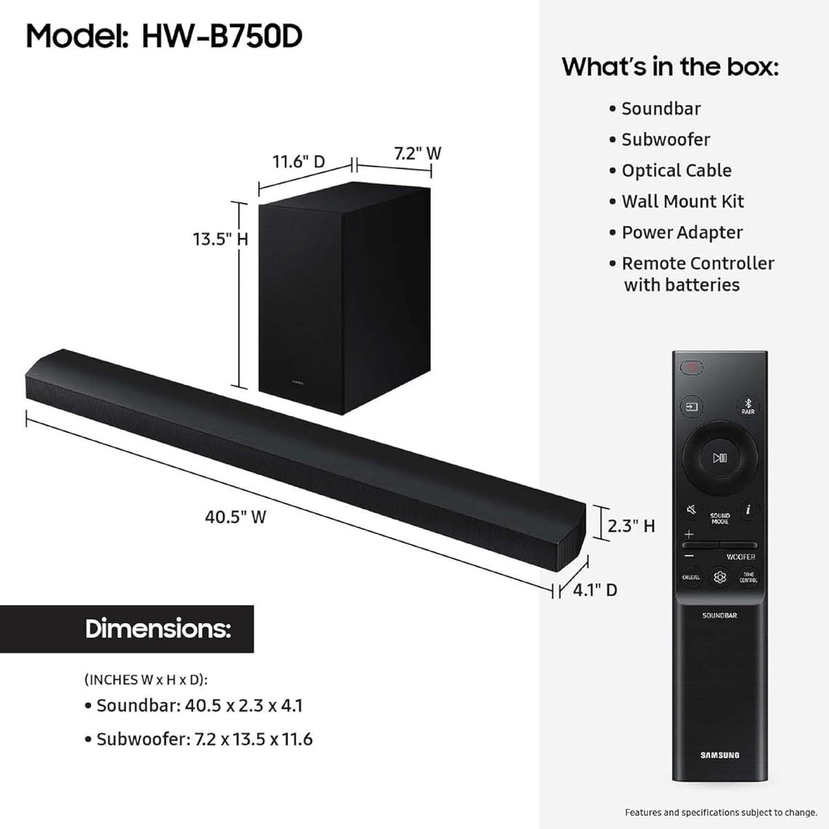 Samsung B-Series Soundbar HW-B550F 2.1 ch DTS Virtual:X Soundbar with Subwoofer (2025 Model) Voice Enhance Mode, Bass Boost, Adaptive Sound