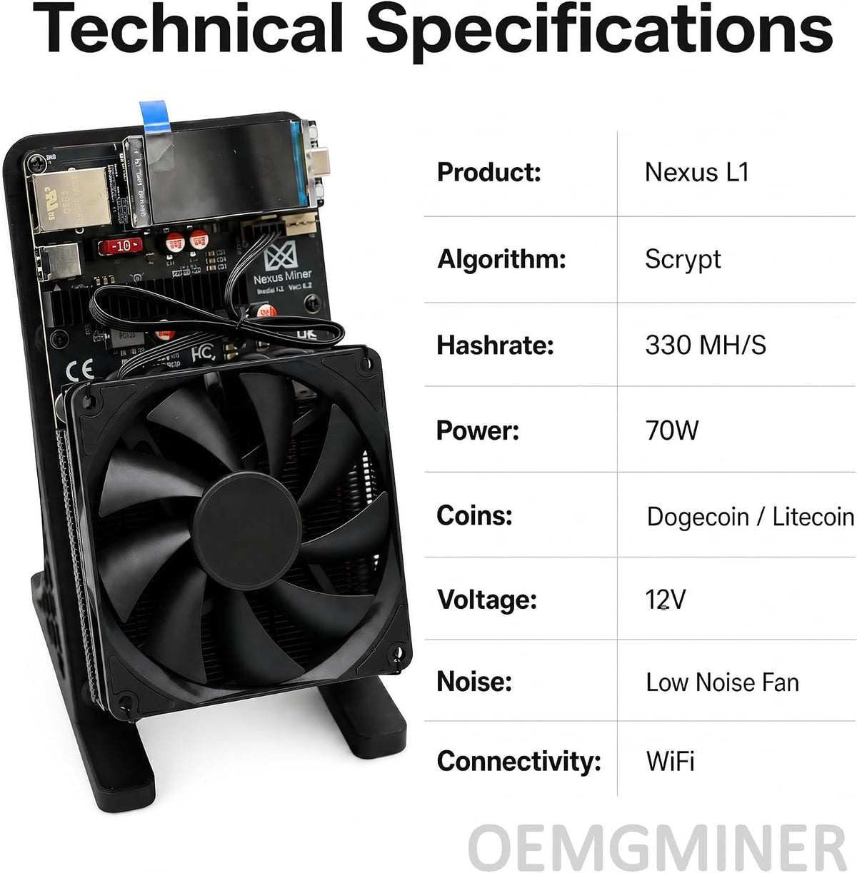 New Nexus L1 ASIC Miner 330 MH/s 70W Låg Strömförbrukning, Kompatibel med Dogecoin & Litecoin, Tyst Fläkt, Inbyggt WiFi - Kryptobrytningsmaskin för Hem & Kontor