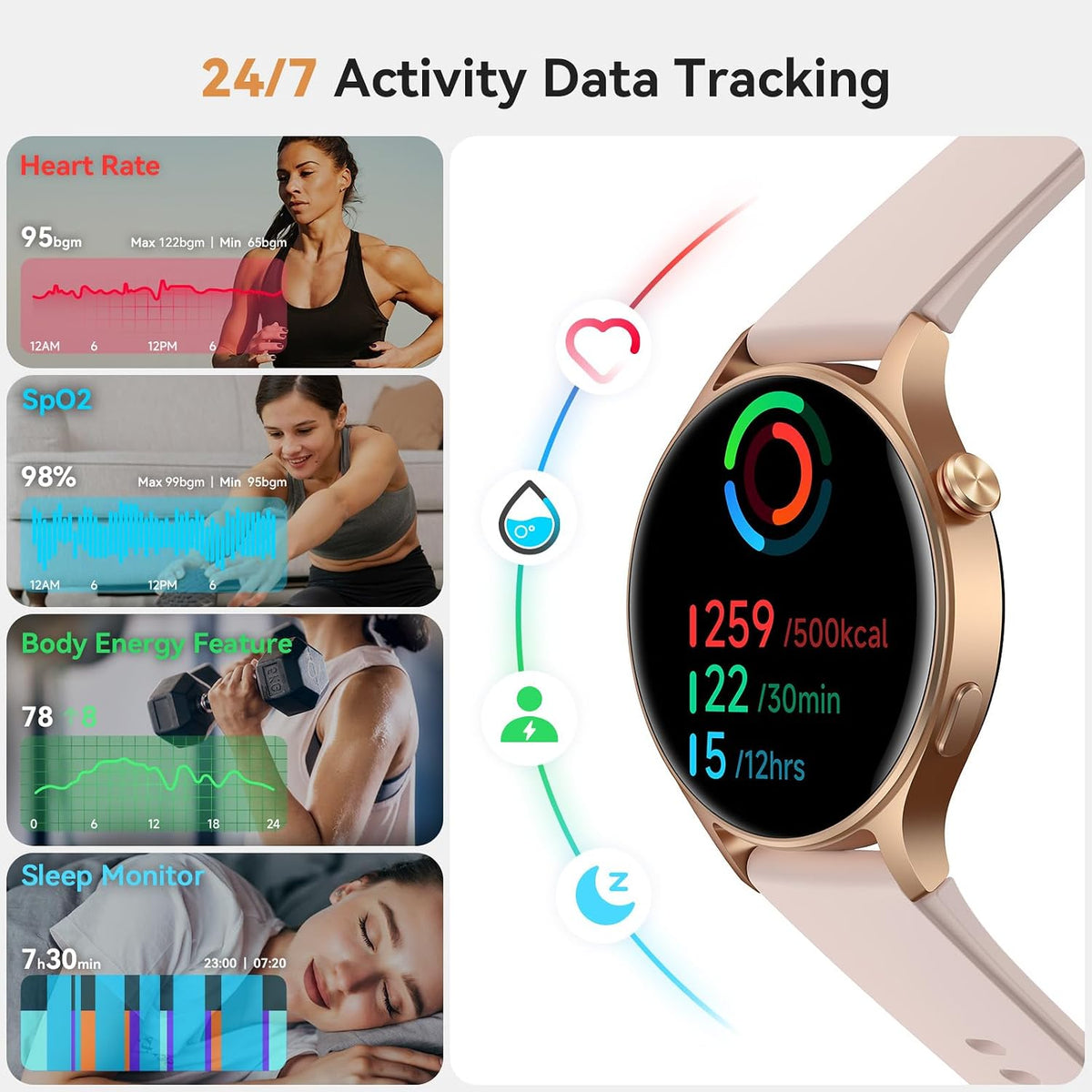 Smart Watch for Men Women, Answer/Make Call, AMOLED Ultra-Clear Screen Activity Trackers with Heart Rate/Sleep/Step Monitor, Smartwatch for iPhone/Samsung/Android, 110+ Sport Modes, 3ATM Waterproof