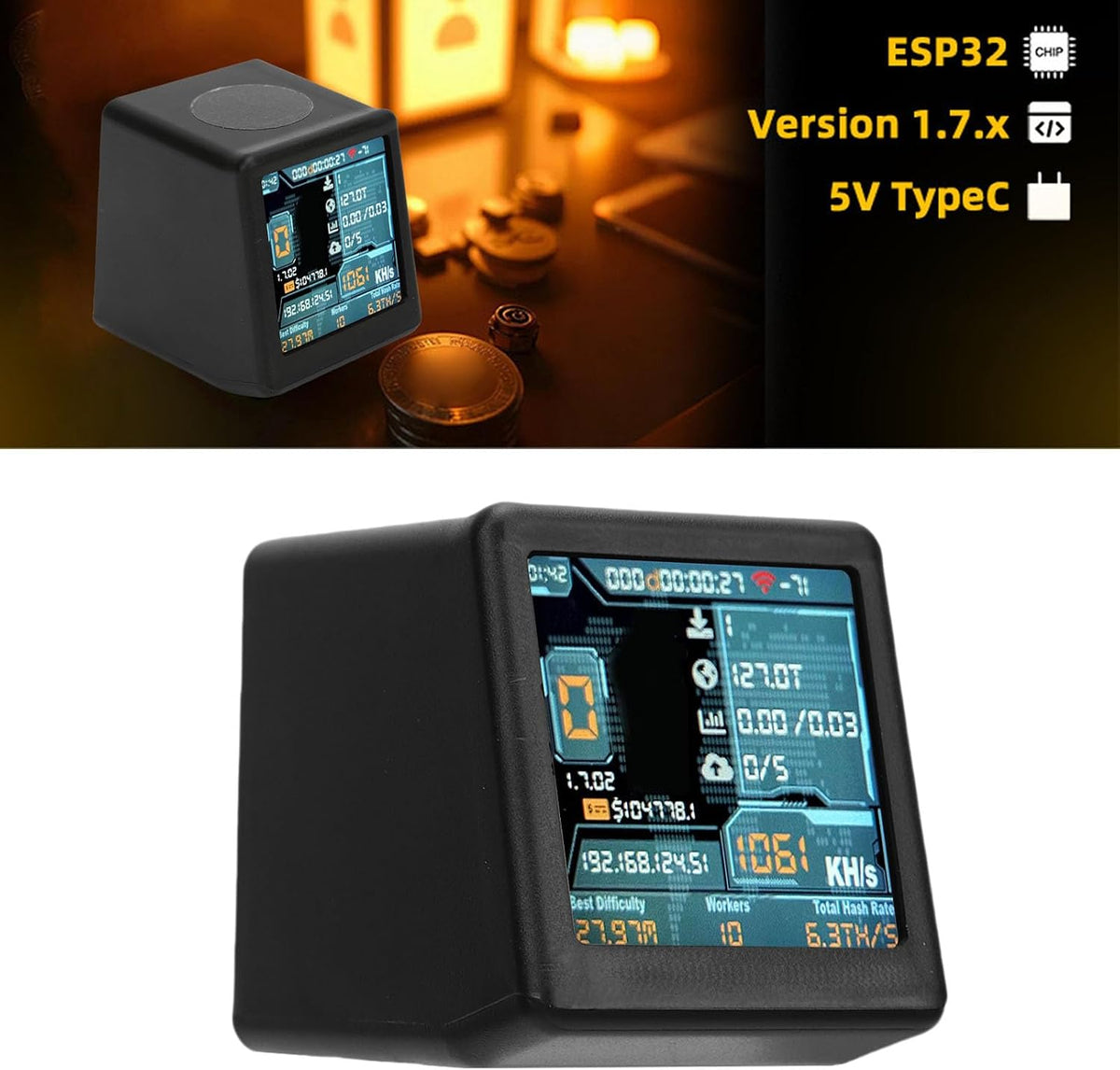 Fabater Bitcoin Miner, WiFi BT Smart Lucky BTC Miner med 1060KH/s Hashrate, 1,54 Tums Skärm, Lottery Miners Mining Machine USB Powered for Home