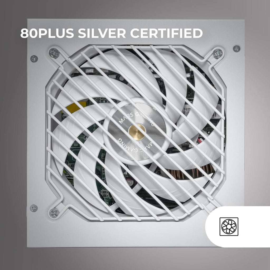 Mars Gaming MPZE750SI, ATX Nätaggregat 750W, 10 Års Garanti, 80 Plus Silver, +87% Effektivitet, AI2-RPM, DC-DC och SMD Tekniker, Aktiv PFC, Japanska Toshin Kyogo Kondensatorer 105º, Vit