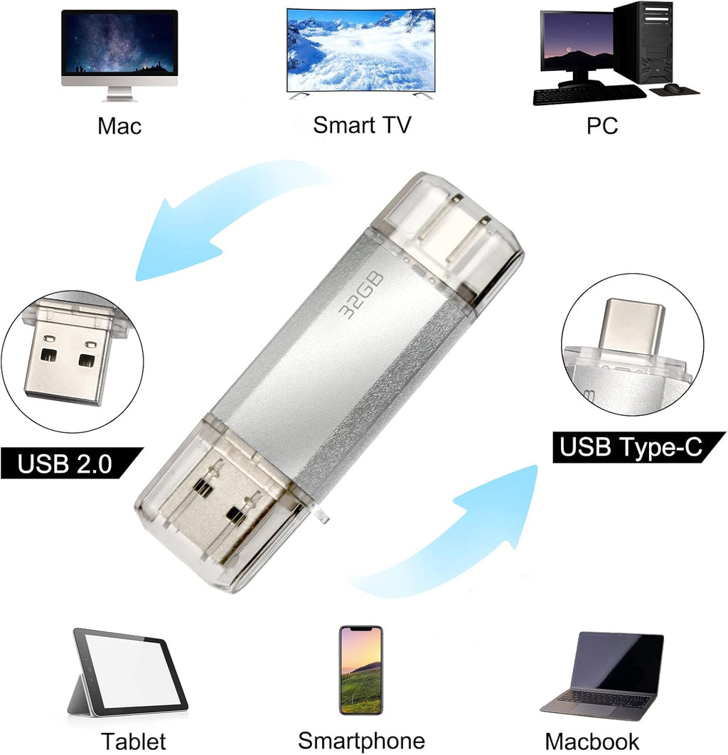 128 GB 2-i-1 USB-minne 128 GB typ-C Pendrive 128GO USB C Flash Drive 128 Giga 2-i-1 OTG Pen 128GO för PC/surfplatta/Laptop/Smartphone med typ C, Xiaomi/Huawei (silver)