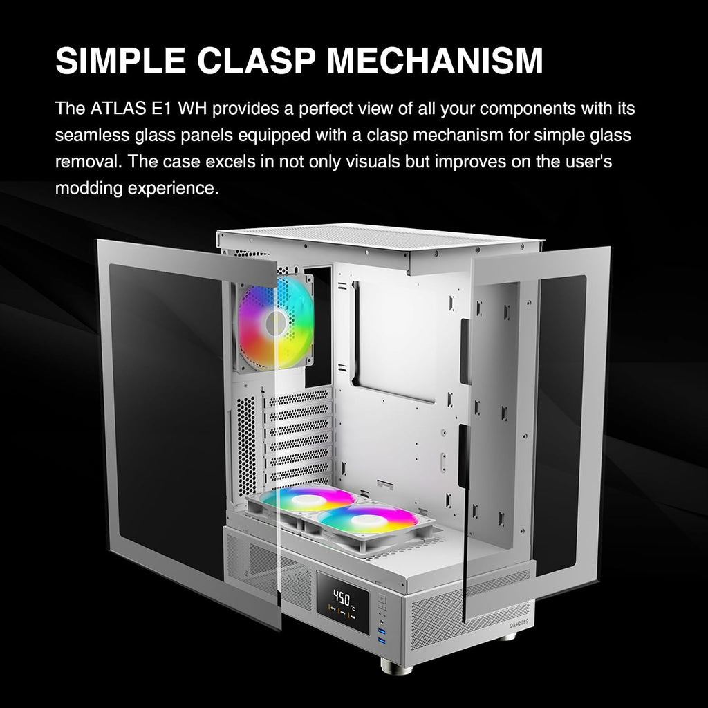 GAMDIAS ATLAS E1 WH Gaming ATX Mid Tower Datorfodral, anpassad bildskärm med programvara, 3 x 120 mm ARGB-fläktar (2 baksida), panorama härdat glasskärm, perforerad luftflödesventil PSU-kammare, vit