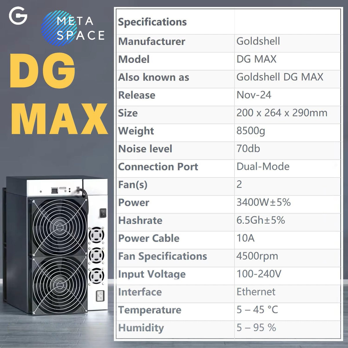 Ny Goldshell DG MAX Doge Miner 6500 Mh/s 3400 W Litecoin Miner Scrypt Algoritm Dogecoin Mining Goldshell DGMAX för Doge Coin & LTC & BEL kryptomaskin från META Space