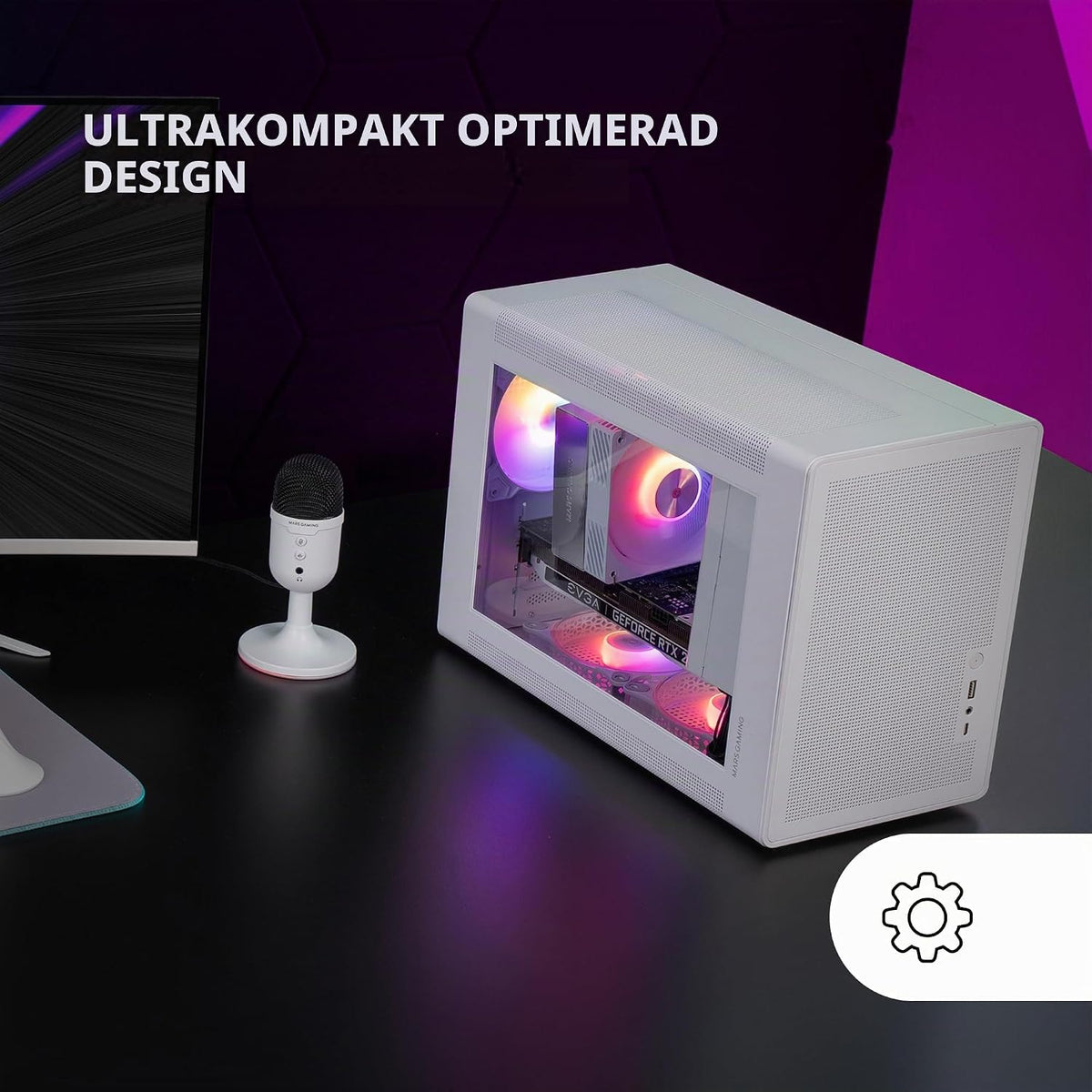 MARS GAMING MC-XPS, Ultrakompakt Gamingchassi MicroATX, Härdat Glas + Meshpaneler, FRGB 120mm Fläkt, Mesh Kylningsteknik, Dubbelt Stöd för PSU ATX och SFX, Mini-Tower PC USB-C, Vit
