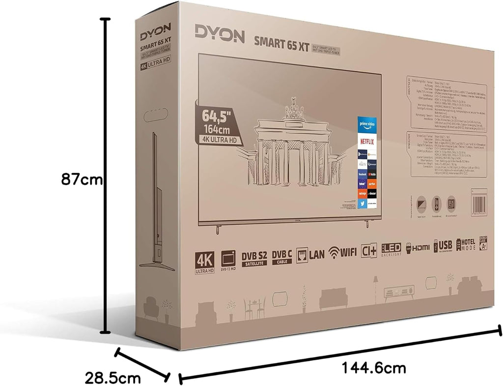 DYON Smart 40 VX-2 Full HD-TV, trippel HD-mottagare (DVB-C/-S2/-T2), App Store, Prime Video, Netflix, YouTube, DAZN, Disney+, svart