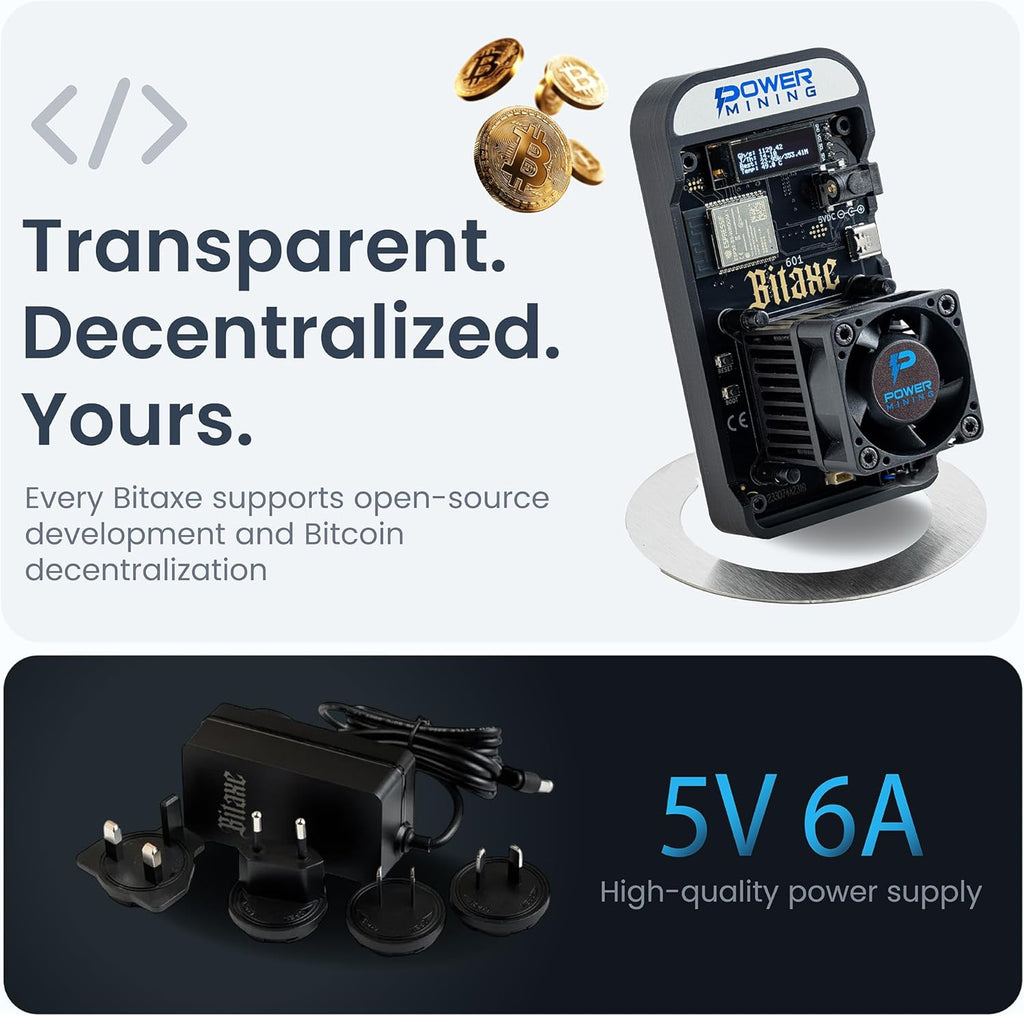 Bitaxe Gamma 601 ASIC Bitcoin Miner | 1,1 TH/s @ 18W | BM1370 Chip (Antminer S21 Pro) | Wi-Fi | USB-C | AxeOS | Öppen källa | Tillverkad i Europa