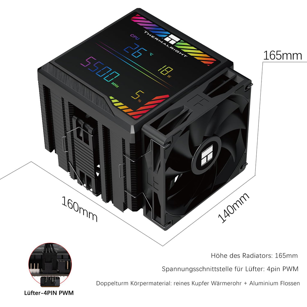 TR-Termisk peerless assassassin 140 digital svart CPU-kylare, dubbelt torn med 6 värmerör, dubbla CPU-fläktar 1850 varv/min, övre täckning av den digitala displaykortet magnetisk, för AM5, Intel