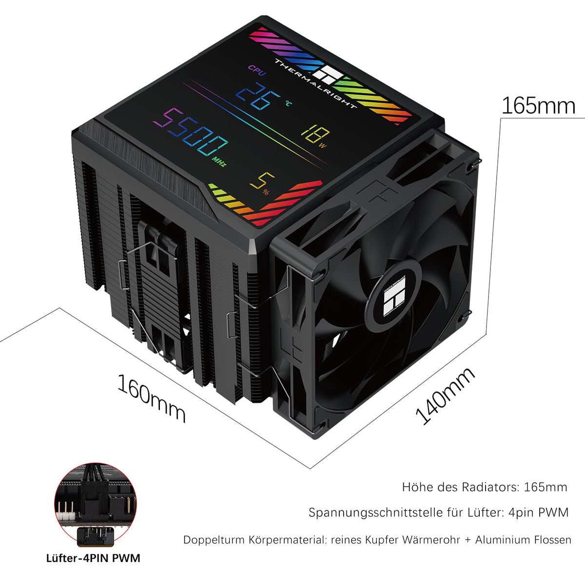 TR-Termisk peerless assassassin 140 digital svart CPU-kylare, dubbelt torn med 6 värmerör, dubbla CPU-fläktar 1850 varv/min, övre täckning av den digitala displaykortet magnetisk, för AM5, Intel