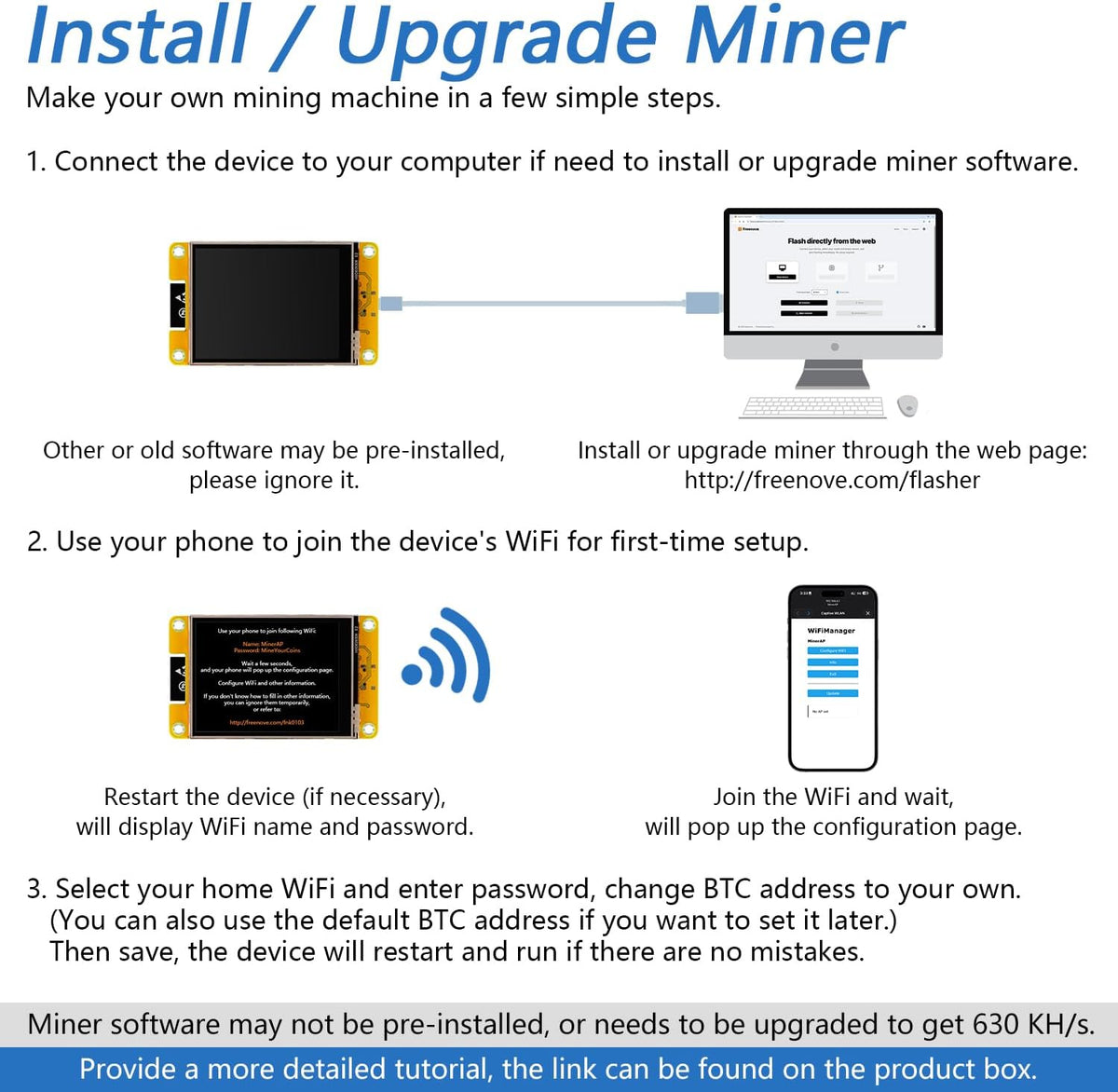 Freenove Bitcoin Miner Solo Lottery Miner, ESP32 CYD 2.8" Touch Display 240x320 Pixel TN Screen ST7789 Driver, Dual-core 32-bit 240 MHz Microcontroller WiFi+BT Programmable, Code Tutorial
