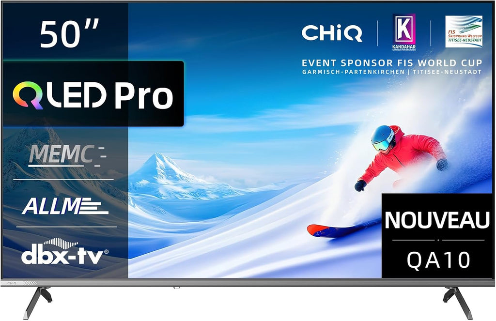 Google QLED 4K UHD CHiQ 50QA10 50" HDR10, VRR och ALLM ultratunn ramlös Dolby Audio Wi-FI dubbelband
