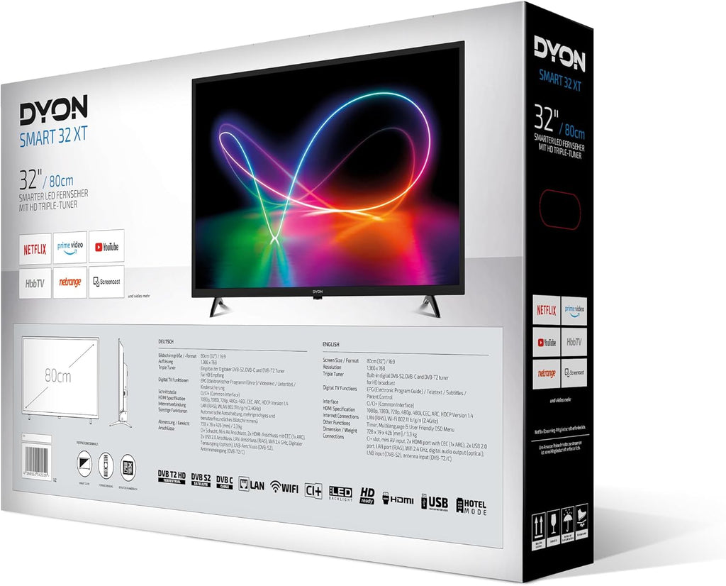 DYON Smart 40 VX-2 Full HD-TV, trippel HD-mottagare (DVB-C/-S2/-T2), App Store, Prime Video, Netflix, YouTube, DAZN, Disney+, svart