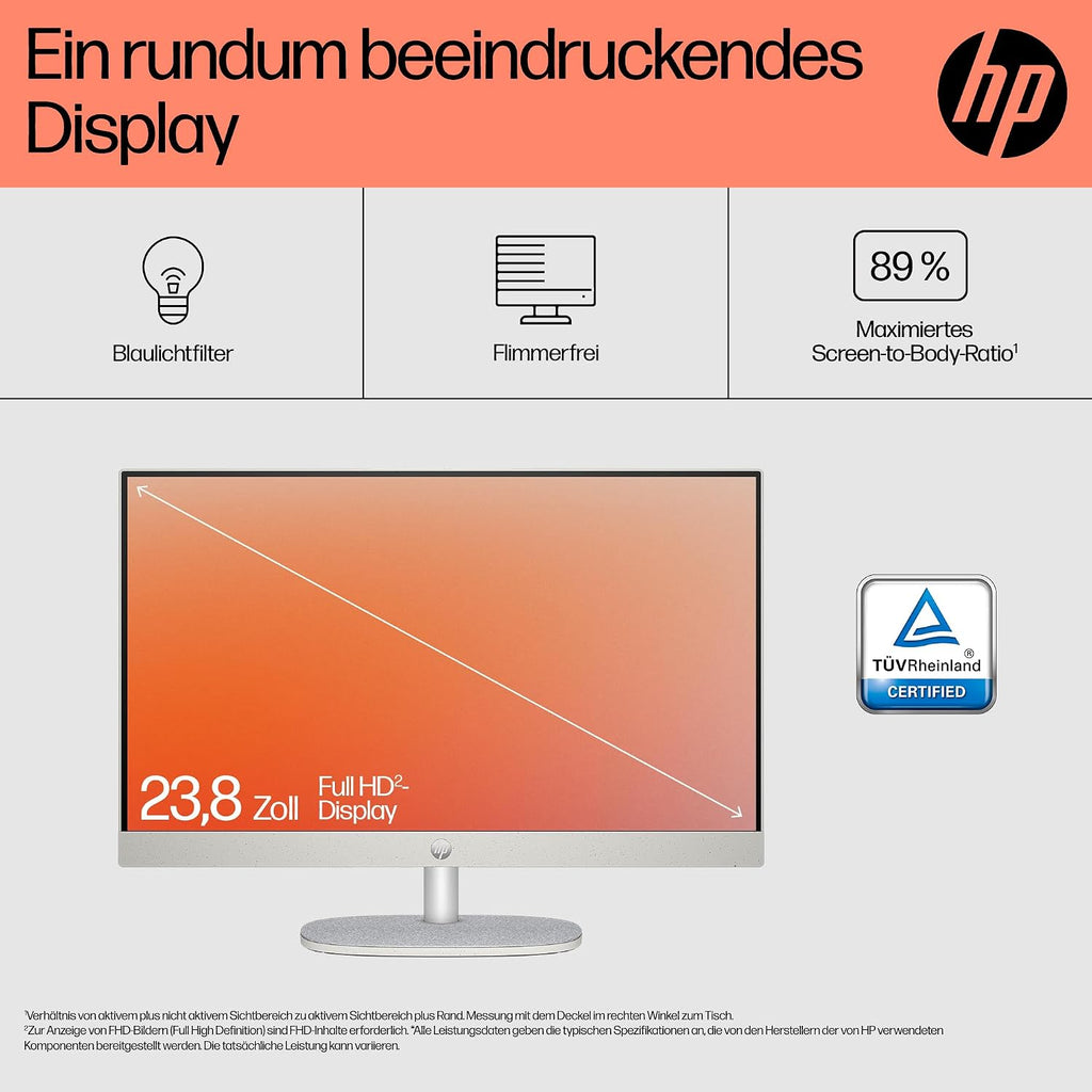 HP Allt-i-ett-stationär dator, 23,8 tums FHD-skärm, AMD Ryzen 5 7520U, 8 GB DDR5 RAM, 512 GB SSD, AMD Radeon-grafikenhet, Windows 11 Home, QWERTZ vit, exklusivt från Amazon