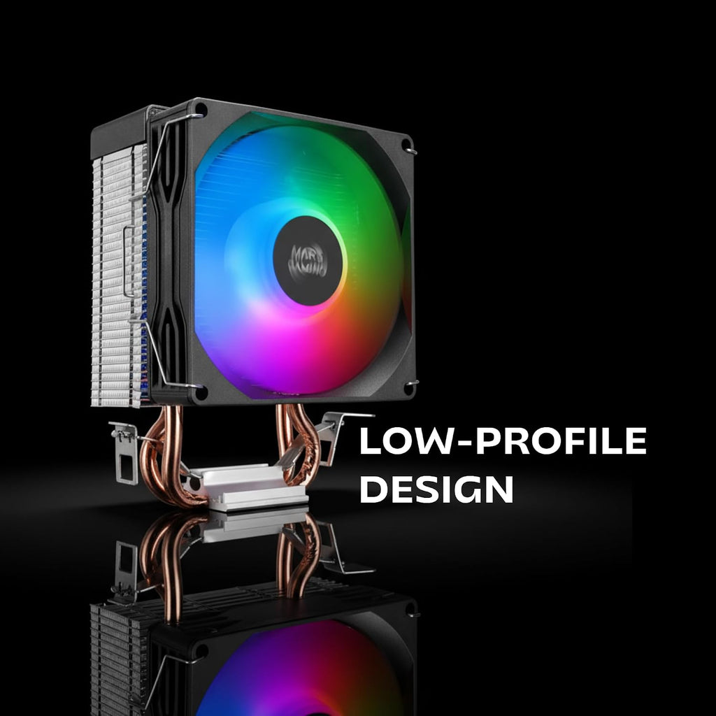 Mars Gaming MCPU-X2, CPU-kylare 150W TDP, 2x värmerör, PWM FDB-fläkt, FRGB-Belysning, Kompakt SFF/Mini-ITX-Design, Aluminiumflänsar, PC-Kylare Med Intel- Och AMD-Kompatibilitet, Svart
