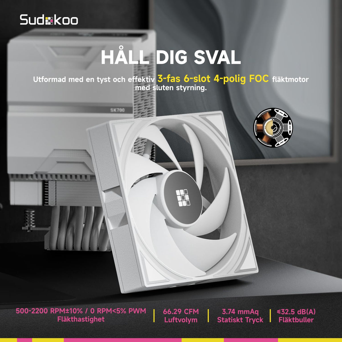 Sudokoo SK700V VIT AM5 CPU-Kylare, AM5 Exklusiv, Digital Display, 7 Värmeledarrör CPU-Luftkylare, Enkel Torn-Design, 120mm FDB PWM-Fläkt, Full RAM-Kompatibilitet, L-Rail Låsmontering, 5 Års Garanti
