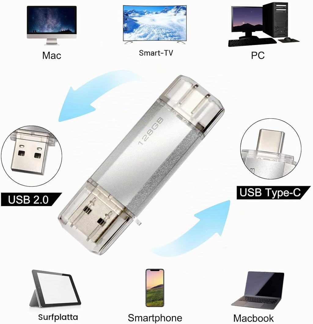 128 GB 2-i-1 USB-minne 128 GB typ-C Pendrive 128GO USB C Flash Drive 128 Giga 2-i-1 OTG Pen 128GO för PC/surfplatta/Laptop/Smartphone med typ C, Xiaomi/Huawei (silver)