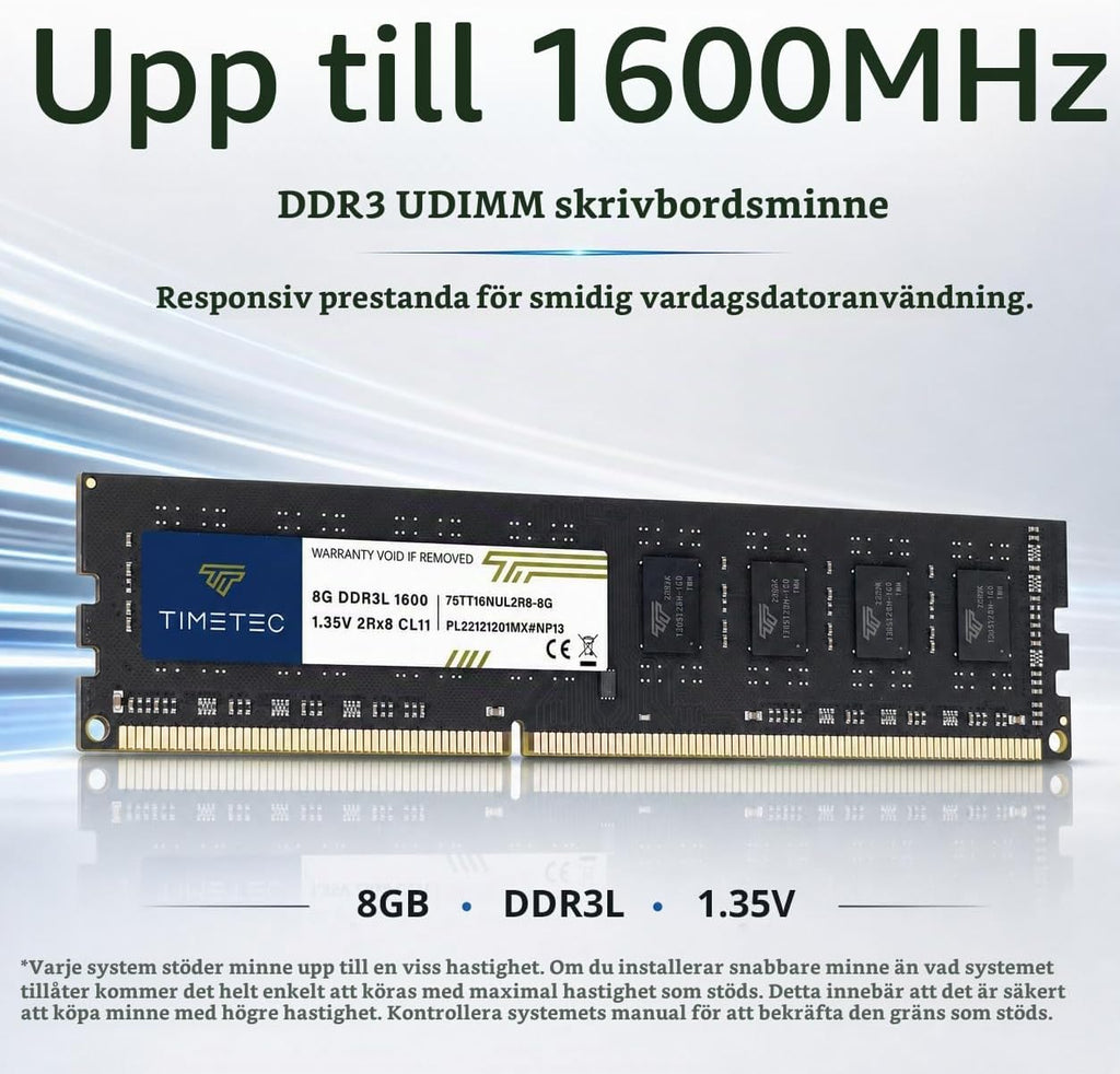 Timetec 16GB (2x8GB) DDR3L / DDR3 1600MHz PC3L-12800 / PC3-12800 Ingen ECC Obuffrad 1,35V / 1,5V CL11 2Rx8 Dual Rank 240 Pin UDIMM Stationär dator RAM-minne (SDRAM) uppgraderingsmodul