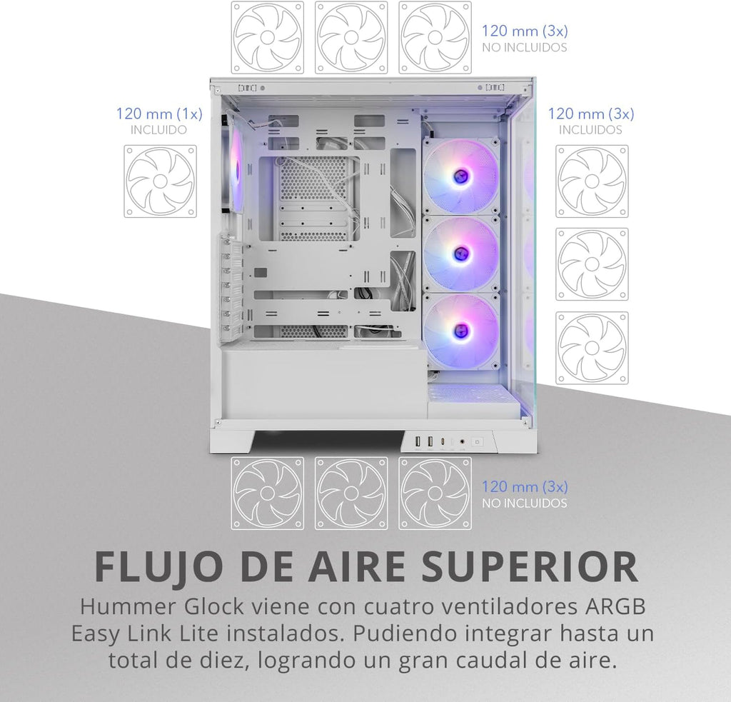 NOX XTREME PRODUCTS Hummer Galaxy - Datorchassi, Ramlöst Härdat Glas, 4x 120mm PWM Fläktar, Plats för 10 Fläktar, USB-C och USB 3.0, ARGB Hub Controller, ATX/M-ATX/ITX, Svart