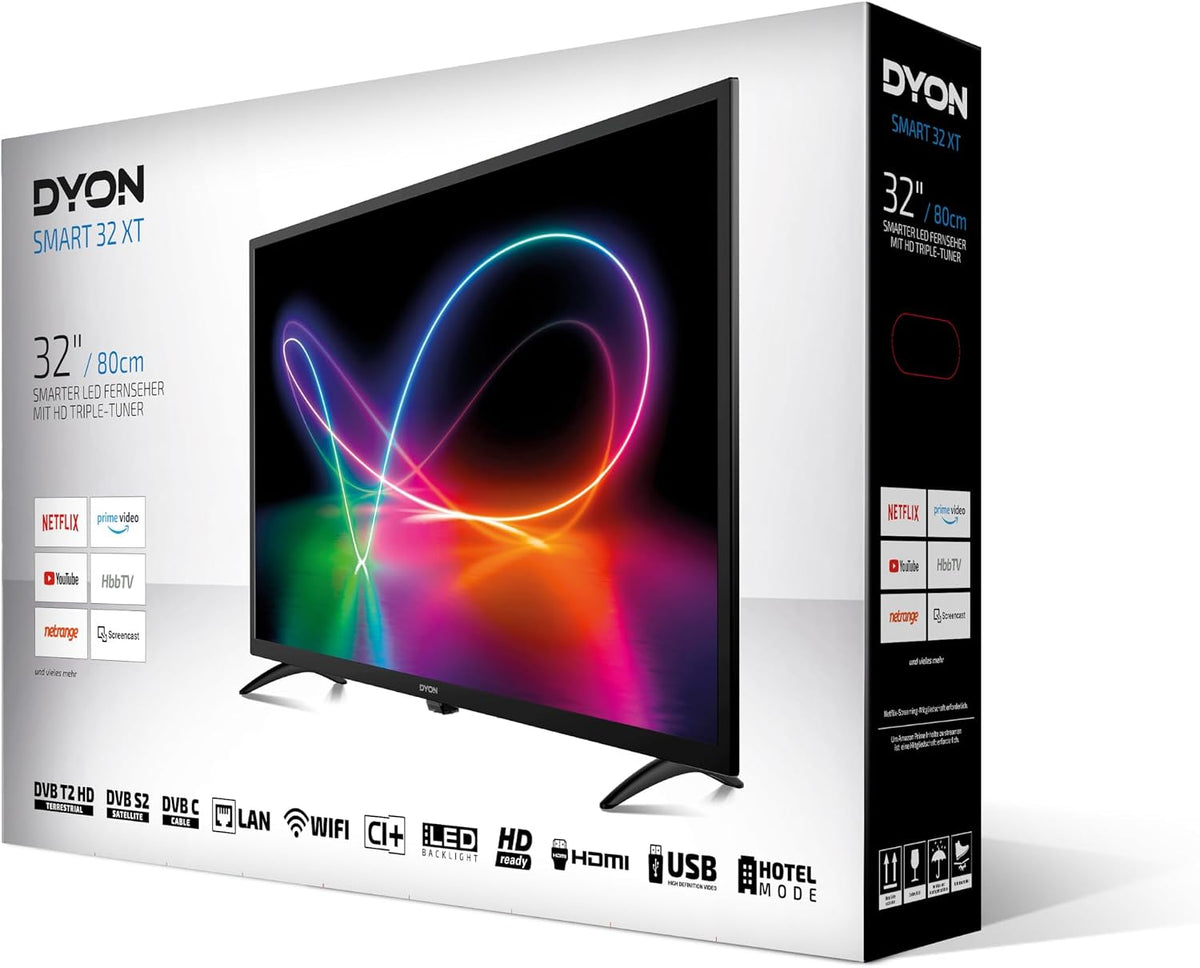 DYON Smart 40 VX-2 Full HD-TV, trippel HD-mottagare (DVB-C/-S2/-T2), App Store, Prime Video, Netflix, YouTube, DAZN, Disney+, svart