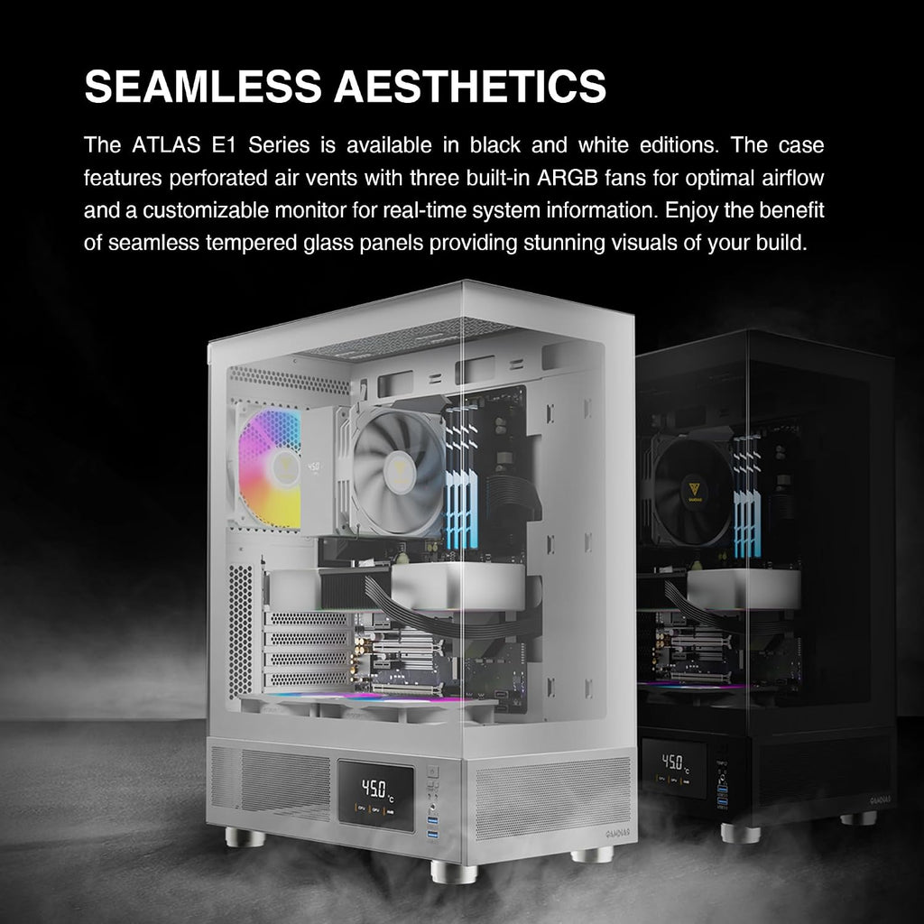 GAMDIAS ATLAS E1 WH Gaming ATX Mid Tower Datorfodral, anpassad bildskärm med programvara, 3 x 120 mm ARGB-fläktar (2 baksida), panorama härdat glasskärm, perforerad luftflödesventil PSU-kammare, vit