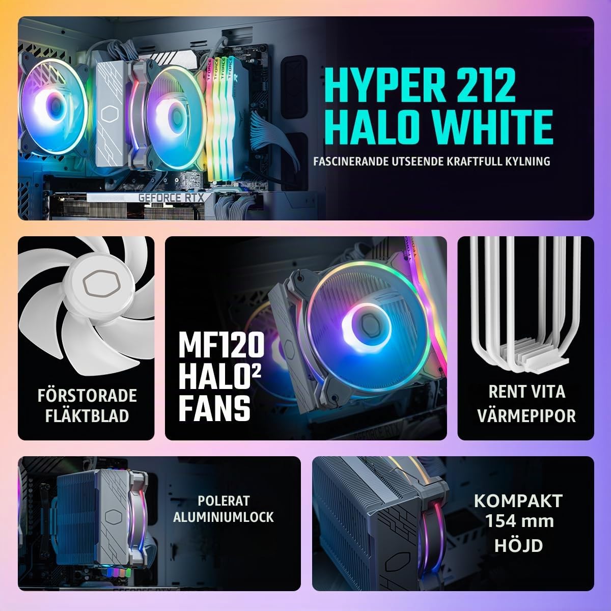 Cooler Master Hyper 212 Black CPU-Luftkylare - Aluminiumfinish, 4 Kontinuerliga Direktkontaktvärmerör, SickleFlow 120 Edge Fläkt, LGA1700 & AM5 Fäste - Svart