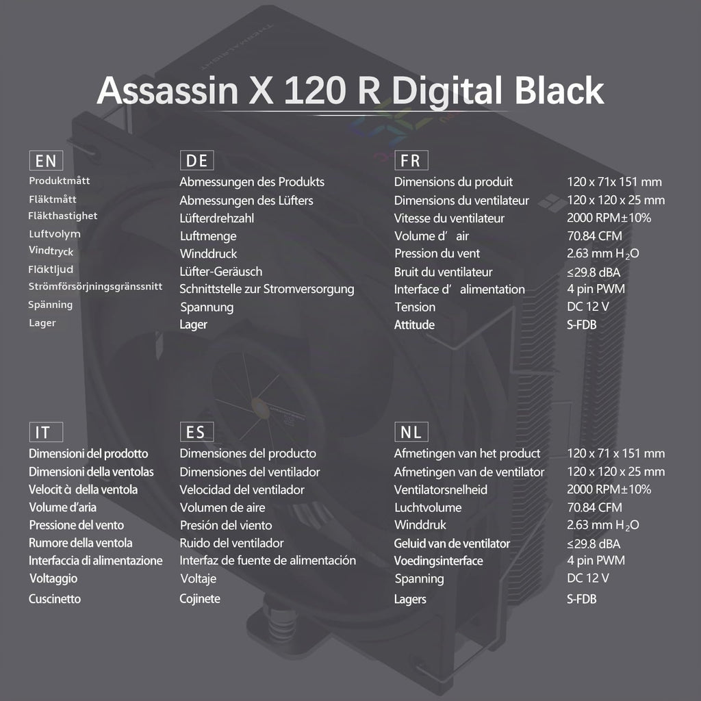 TR-Thermalright Assassin X 120 Digital ARGB vit CPU-kylare, 4 värmerör ARGB-fläkt 120 mm-2 000 varv/min, topplock med digital skärm, för AM5/AM4, Intel LGA1851/1700, vit
