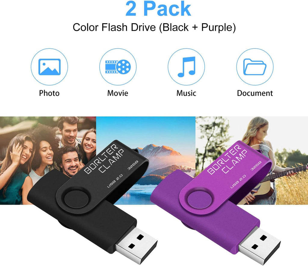 BorlterClamp 32 GB USB-minne 2-pack USB 2.0-enhetsset, färgglada USB-flash-enheter, vridbara USB-minnen, svart och lila