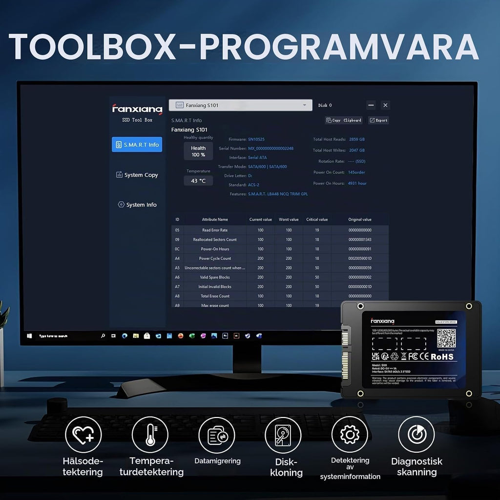 Fanxiang S101 1 TB SSD SATA III 6 Gb/s 2,5 tum intern solid state-enhet, läshastighet upp till 550 MB/sek, kompatibel med bärbara datorer och PC stationära datorer (svart)