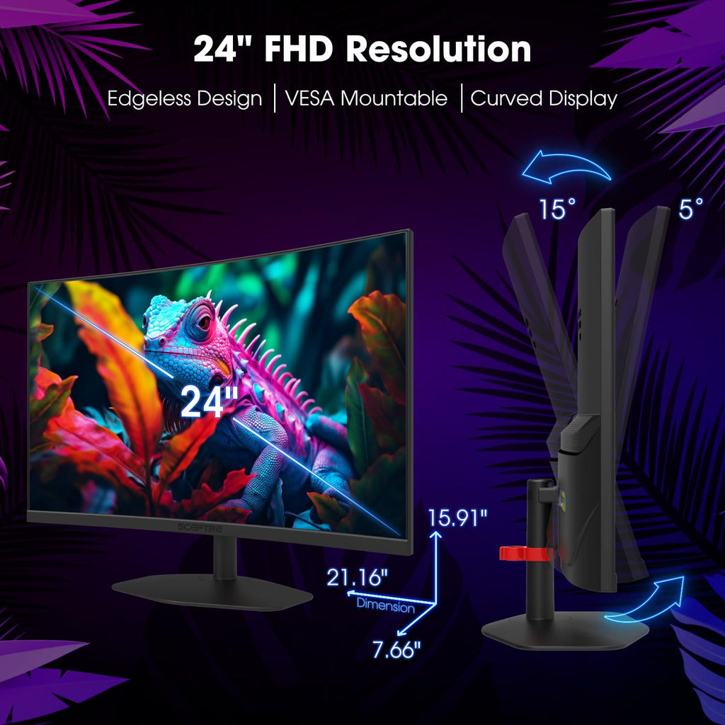 Sceptre Curved 24-inch Gaming Monitor 1080p R1500 98% sRGB HDMI x2 VGA Build-in Speakers, VESA Wall Mount Machine Black (C248W-1920RN Series)