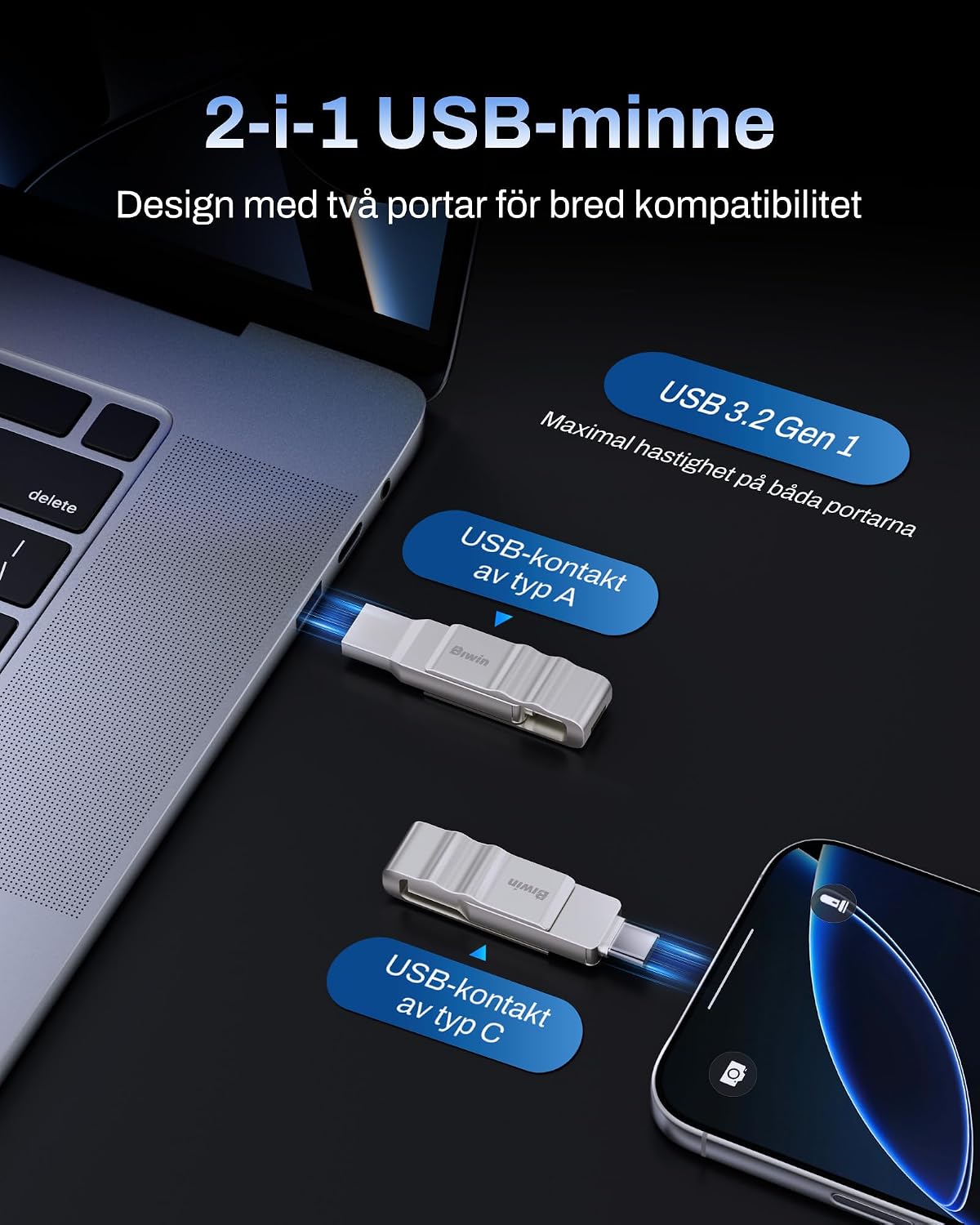Biwin UD150 USB-minne 3.0 128 GB, USB-minne med överföringshastigheter på upp till 150 MB/s, Dural-Port USB Type-C till Type-A USB-minne