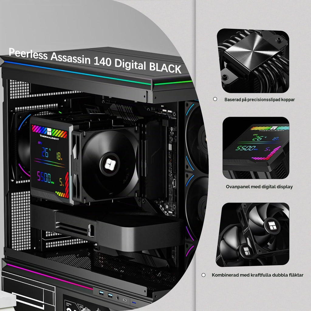 TR-Termisk peerless assassassin 140 digital svart CPU-kylare, dubbelt torn med 6 värmerör, dubbla CPU-fläktar 1850 varv/min, övre täckning av den digitala displaykortet magnetisk, för AM5, Intel