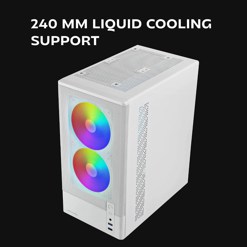 Mars Gaming MC-ONYX, MicroATX Gaming Chassi, Metallfront Mesh, Sidofönster i härdat glas, 3x ARGB FDB-fläktar, Dubbla kammare, Stöd för vätskekylning upp till 240mm, Vit