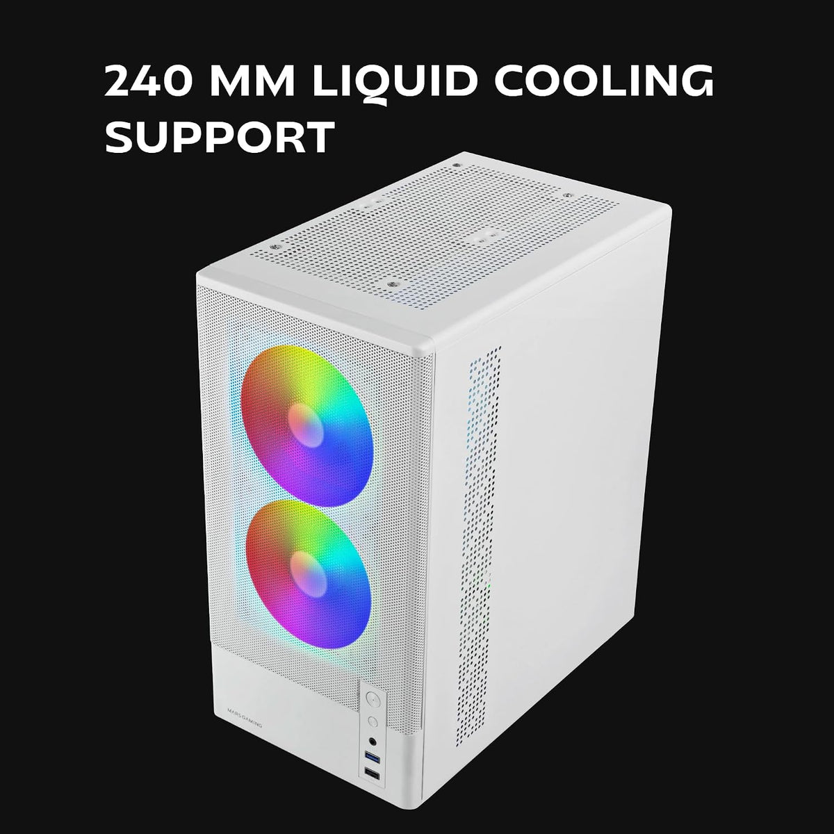 Mars Gaming MC-ONYX, MicroATX Gaming Chassi, Metallfront Mesh, Sidofönster i härdat glas, 3x ARGB FDB-fläktar, Dubbla kammare, Stöd för vätskekylning upp till 240mm, Vit